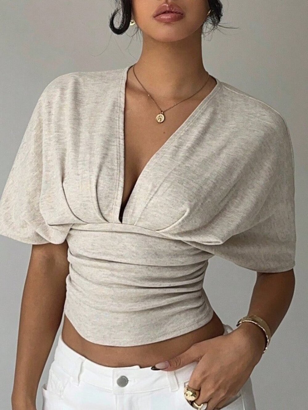 Apricot Casual Women's Deep V Ruched Short Sleeve Tight Fitted T-Shirt Blouse